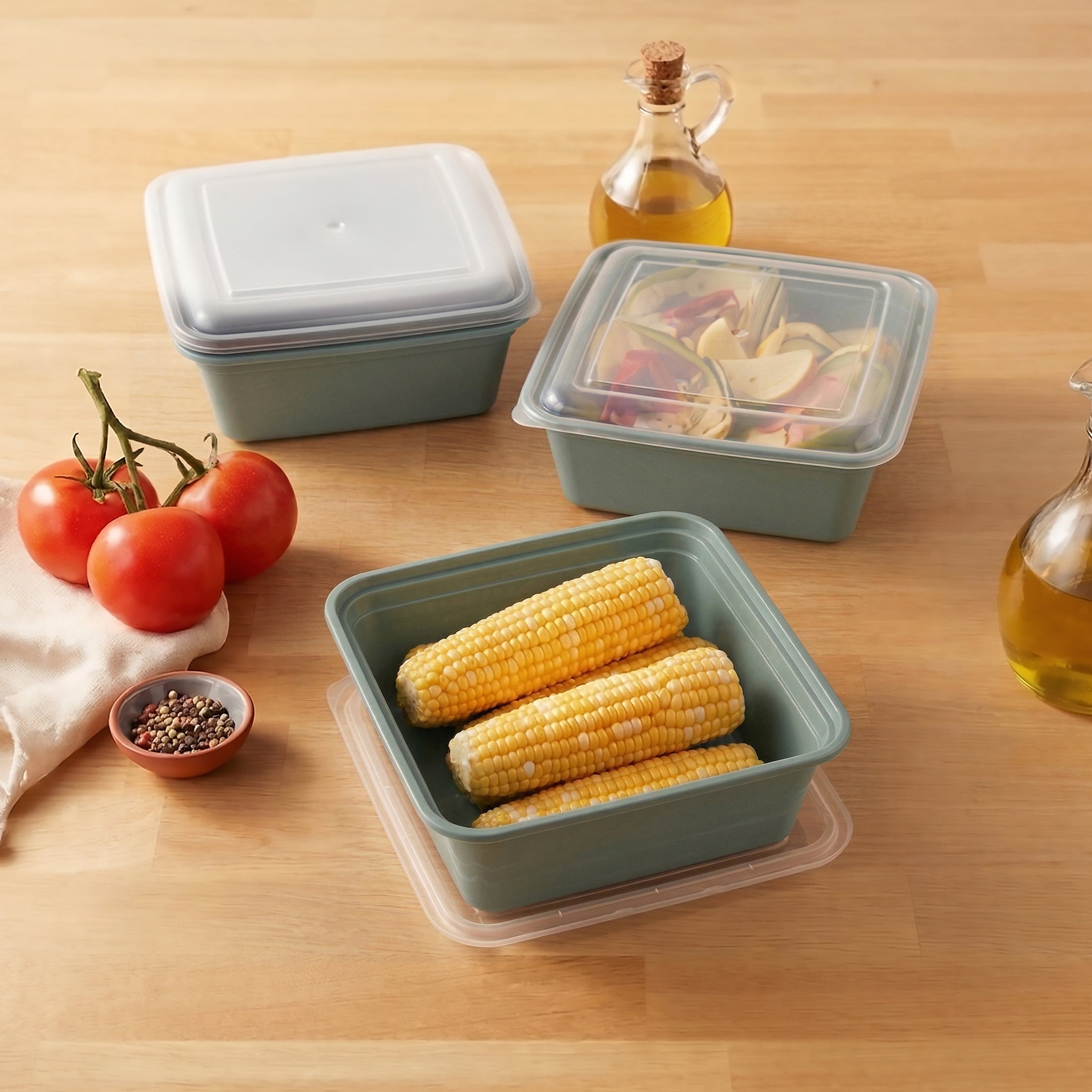 Mainstays 5-Pack Tall Square BPA-Free Plastic Meal Prep Food Storage Containers, 1.9L, Green Sage