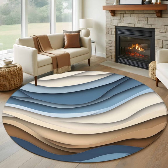 Round Rugs 6Ft, Blue Brown Ombre Round Area Rug Washable Indoor Throw Carpet, Modern Abstract Aesthetics Geometric Soft Non Slip Circle Rug for Office Cabinet Home Decor Aesthetic