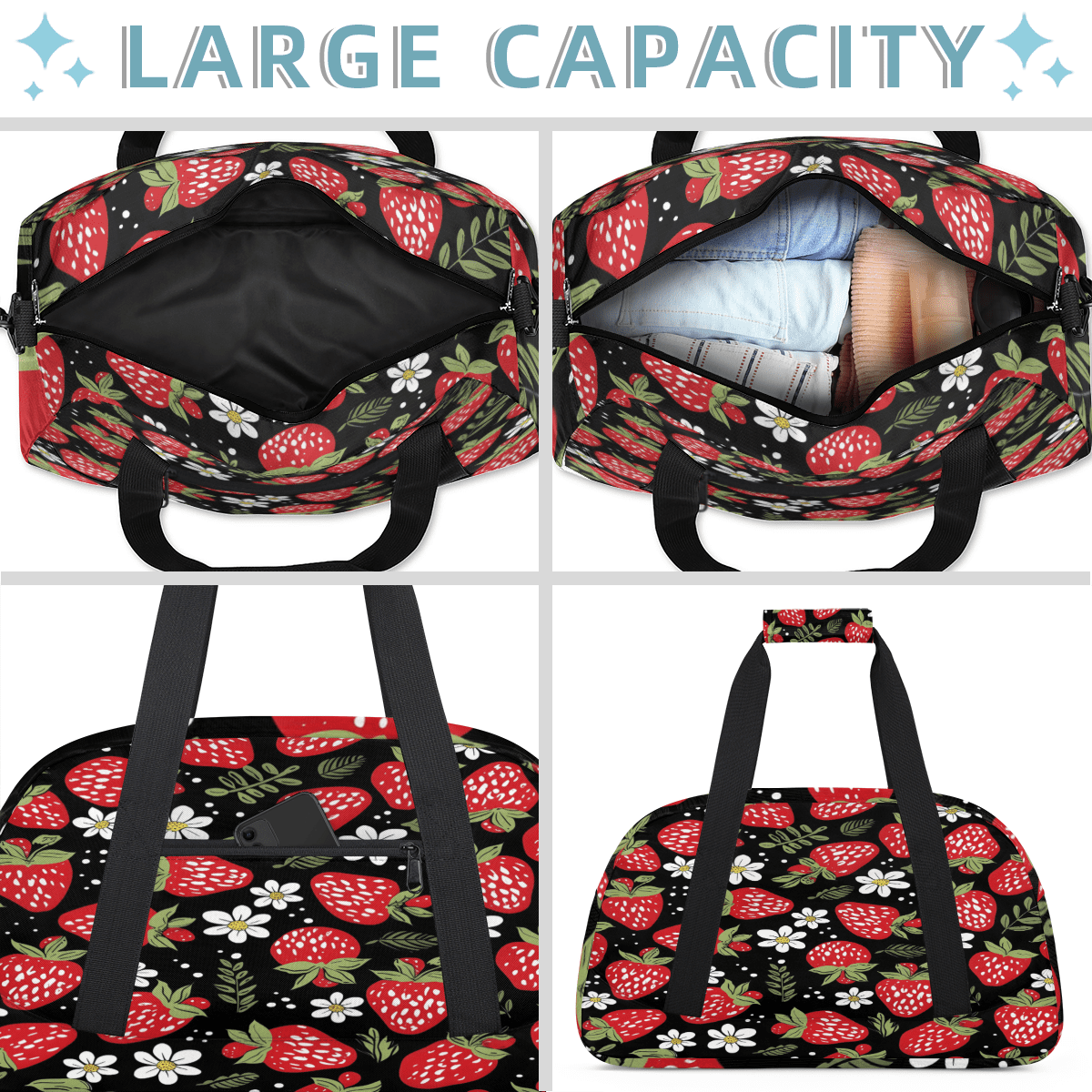 Herdesigns Strawberry Sports Duffle Bag for Women & Men, Gym Bag Dance Bag Overnight Bag Carry On Weekender Travel Bag