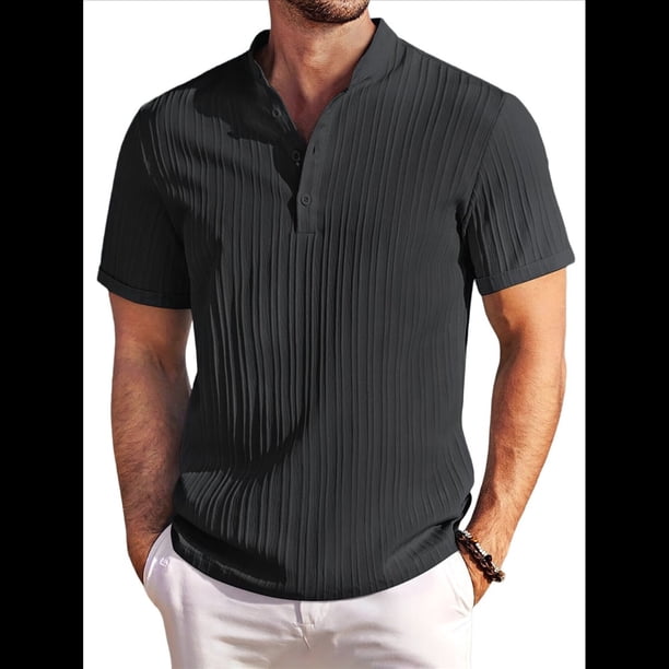 Camiseta Informal Henley de Corta con Cuello Mao para Hombre, Camiseta Texturizada de Playa para Verano. Negro S