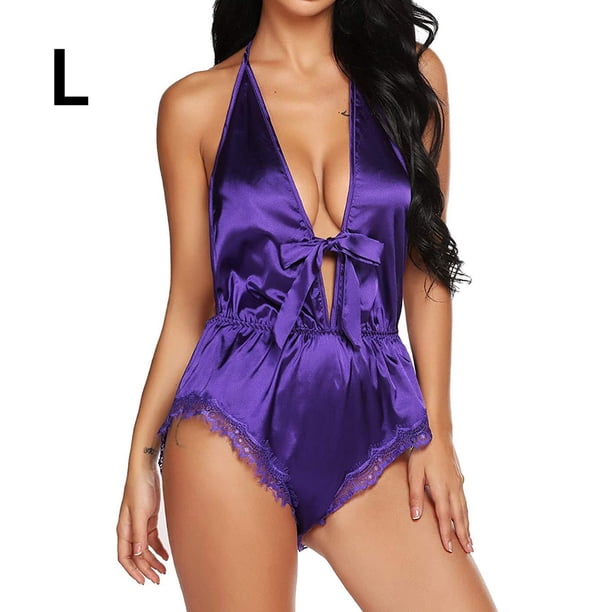 Mono encantador Cuello en V profundo Encantador Body encantador con borde de encaje liso, L, Morado kenally XX000130-14