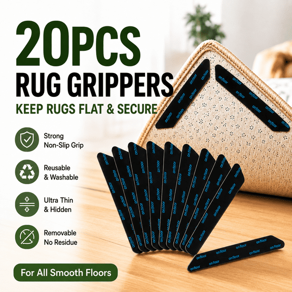 20 PCS Reusable Washable Rug Grippers for Hardwood Floors, Double Sided Non-Slip Rug Pads, Removable Rug Tape for Area Rug Corners, Thin Adhesive Carpet Grips to Prevent Curling and Sliding