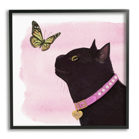 Stupell Industries Black Cat & Butterfly Animals & Insects Painting Black Framed Art Print Wall Art, 12 x 12