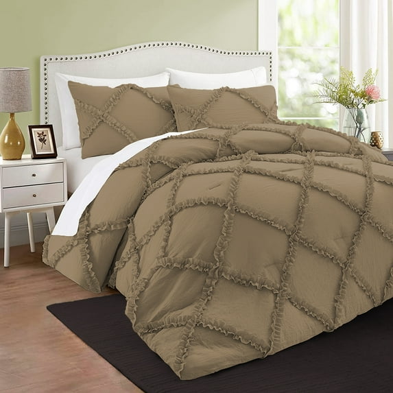 BedDecor 3 PC Luxury Diamond Ruffle "Taupe, Oversize King" 800 TC 100% Long Staple Egyptian Cotton Made Down Alternative Comforter
