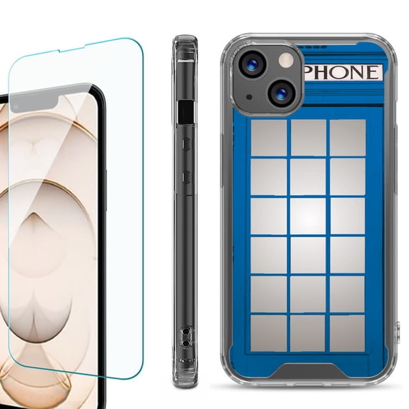 Shockproof Bumper Phone Case for iPhone 13, with Tempered Glass Screen Protector, by OneToughShield ® - Phone Booth Blue