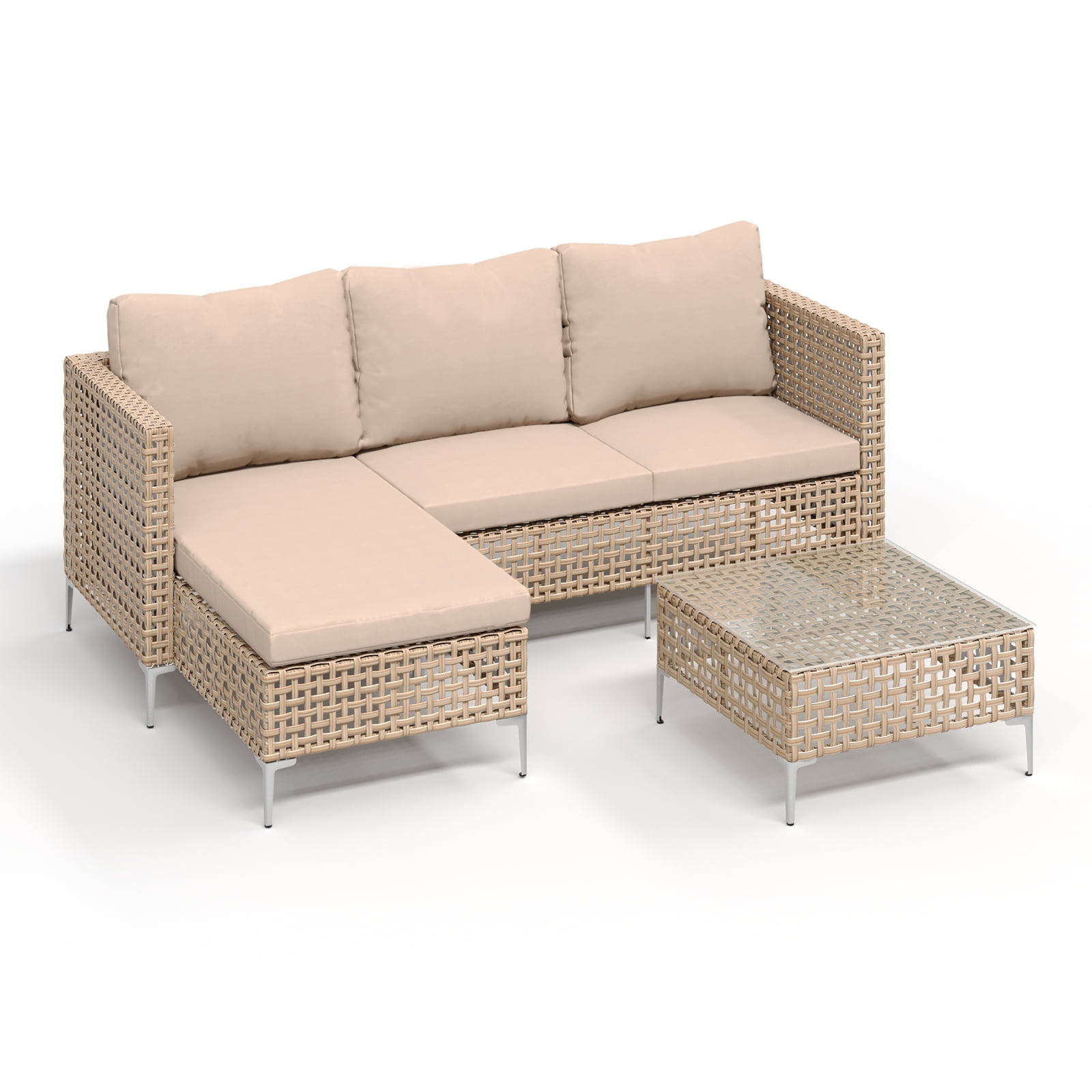 ZXRLHX 3PCS Outdoor Patio Furniture Set,Chaise Longue with Couch & Coffee Table, Outdoor Wicker Conversation Set.