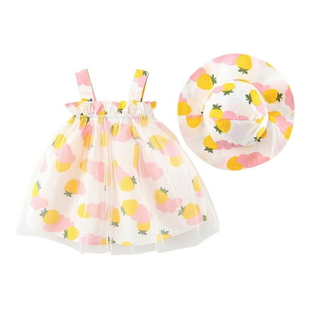 

HBYJLZYG Sleeveless Strap Tulle Dress With Hat Set Toddler Baby Girl Summer Fruit Printed Mesh Suspender Princess Dresses For Girls 1-4 Years