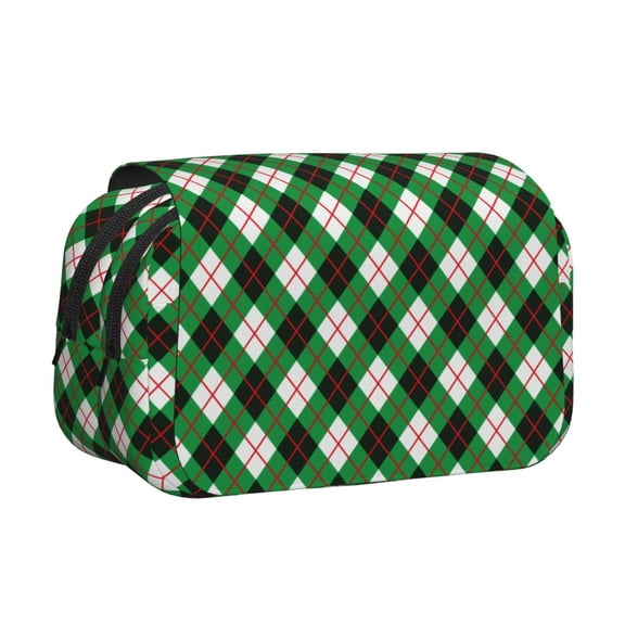 Rateoe Green Argyle Plaid Pattern Double Clamshell Pen Case, Storage Organizer with Two Zipper Compartments– Holds Up to 50 Pencils & Pens