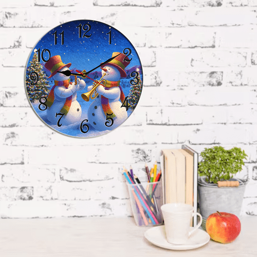 Kurmntregon Christmas Wall Clock Happy Snowmen Play Musical Winter Xmas Holiday Wooden Silent Non Ticking Decorative Clock For Living Room, Kitchen, Home,Bathroom, Bedroom, Office Or School Round 10"