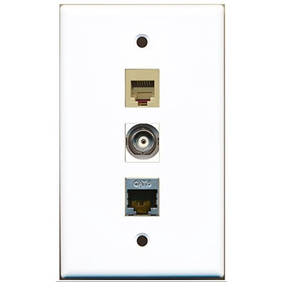 RiteAV - 1 Port Phone RJ11 RJ12 Beige and 1 Port Shielded Cat6 Ethernet and 1 Port BNC Wall Plate