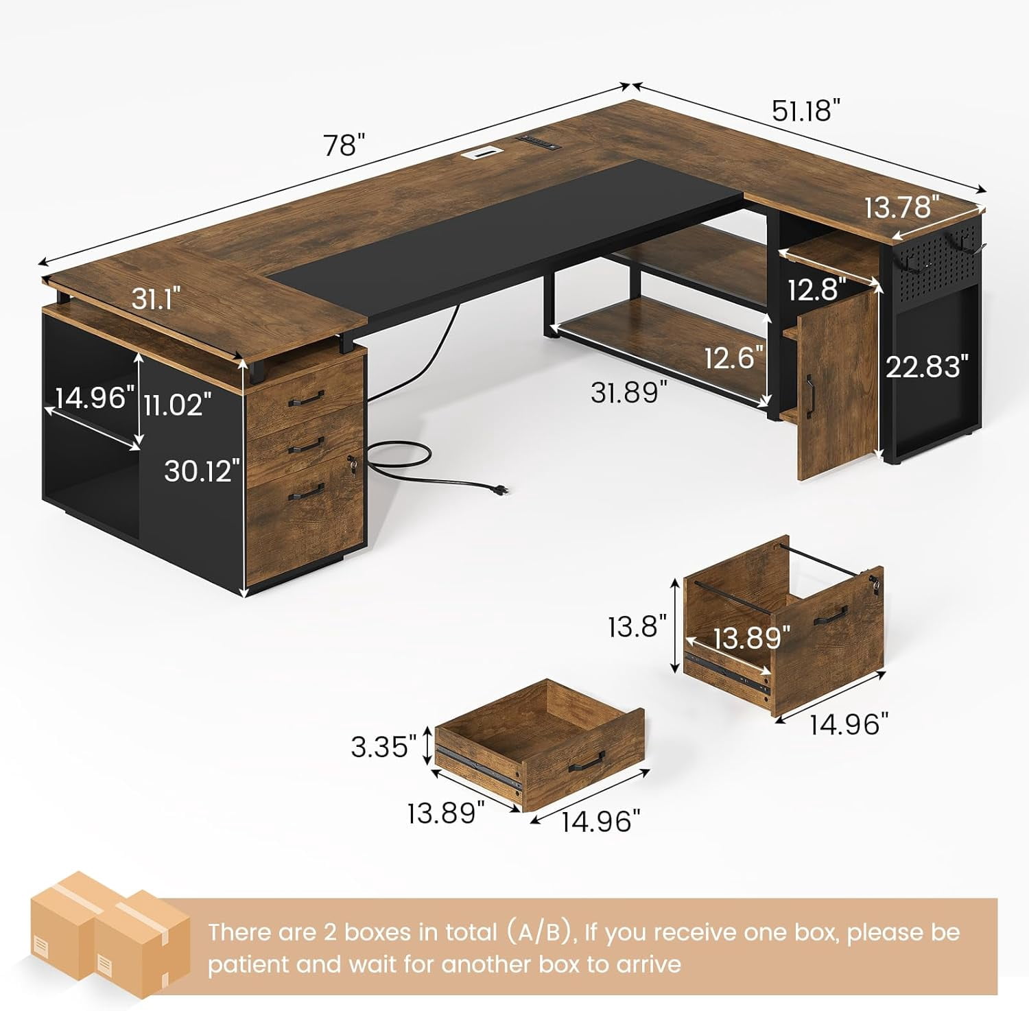 78" Executive Desk with Lockable File Cabinet, L Shaped Executive Desk with Power Outlets, Reversible Computer Desk with Drawers, Storage Shelves and Privacy Screen, Rustic Brown