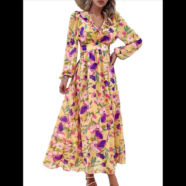 Vestido Bohemio Informal de Larga con Escote en V Profundo para Mujer Amarillo XL