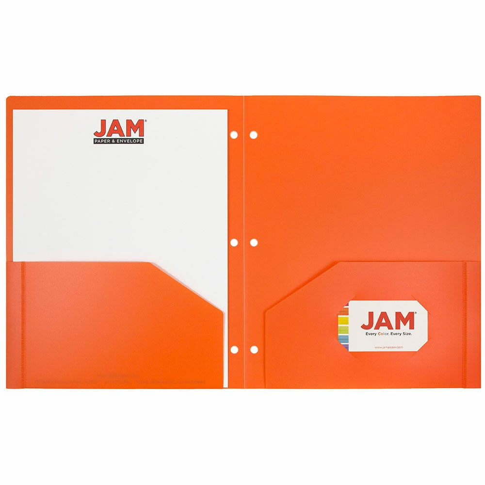 JAM Paper Heavy Duty Plastic 3 Hole Punch Pocket Folders, Extra Tough, Orange, Bulk 48/Pack