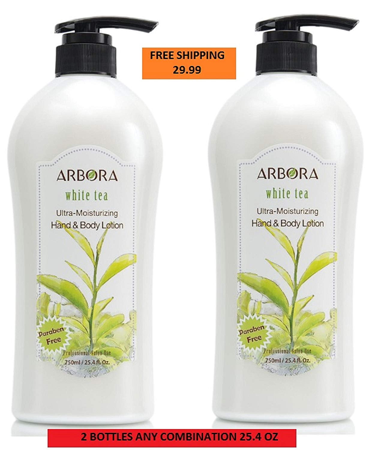 ARBORA DUO 2 Hand & Body Lotion WHITE TEA 25.4OZ/750ML Paraben Free