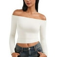 thumbnail image 3 of Crop Tops for Women Off The Shoulder Long Sleeve T Shirts Slim Fit Stretch Soft Base Tee Going Out Club Outfits (L, White), 3 of 6