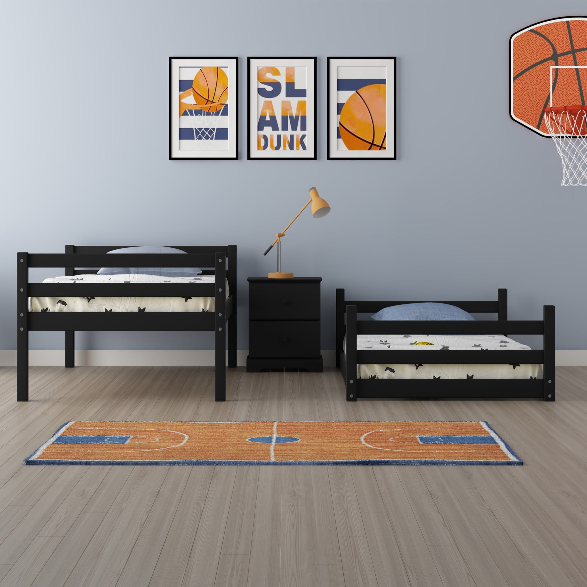 HH2 Home Essentials Campbell Wood Twin Over Twin Floor Bunk Bed, Black