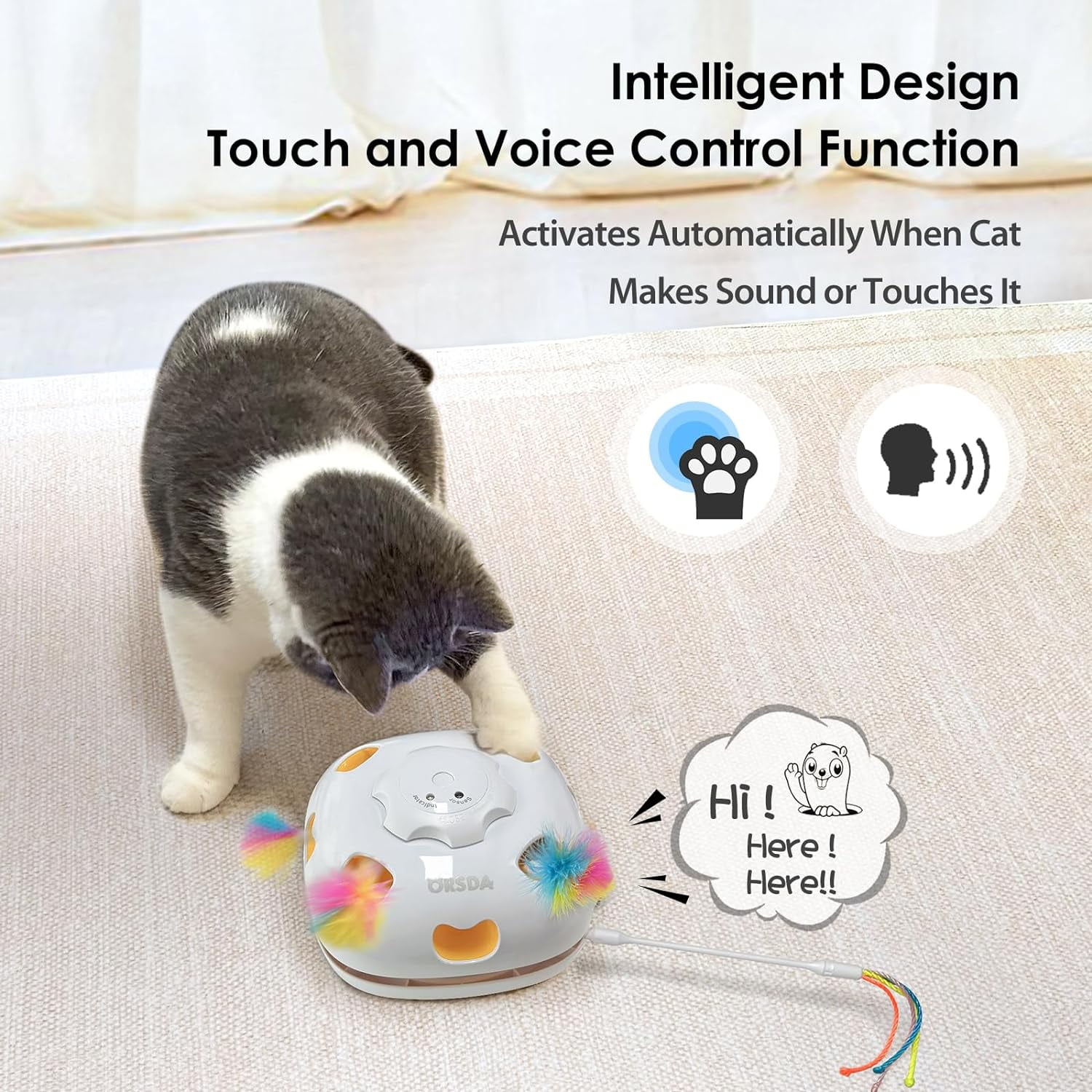 ORSDA Cat Toys Rechargeable, 4in 1 Interactive Kitten Toy for Indoor Cats, Automatic Hide and Seek Self Play Cat Feather Wand Toy with Smart Sensing, Whack a Mole, Chase Feather for All Breeds