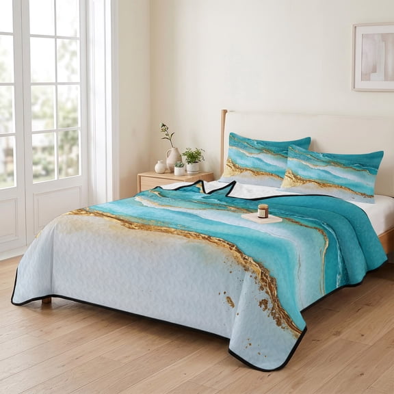 king Quilt Bedding Set, Abstract Ocean Waves Sand Beach Lightweight Coverlet Summer Comforter Set Soft Microfiber Bedspread, Smmer Seaside 3 Piece Quilt Set with 2 Pillow Shams All Seasons Use