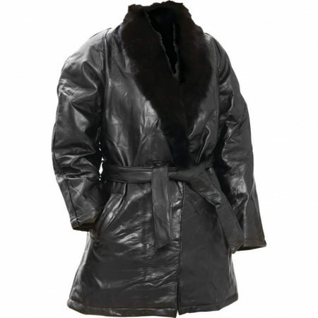 Leather Straight Collar Coat - Arielle Genuine Lambskin Leather Ladies Coat with Genuine Rabbit Fur Collar