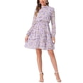 thumbnail image 2 of Vestido de gasa largo de manga larga con cuello de pie y volantes en capas de flores para mujer estilo chic, color púrpura, 2 of 6