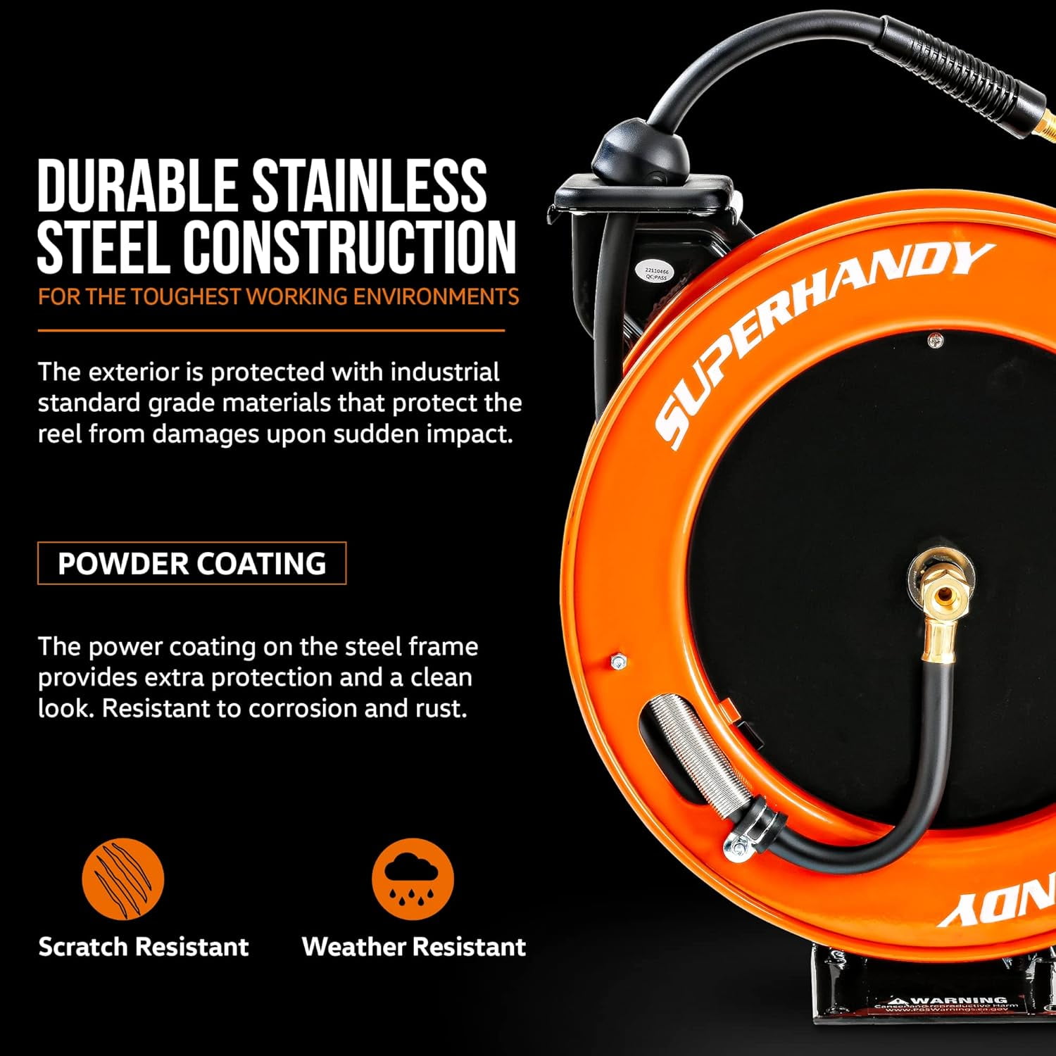 SuperHandy Industrial Retractable Air Hose Reel (Upgraded Design) - 3/8" x 50'FT, 1/4" NPT Connections, Single Arm
