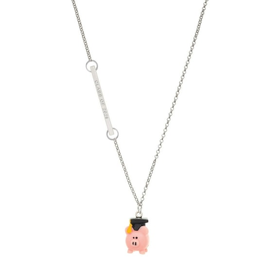 Delight Jewelry Resin Pink Pig Graduate - Silvertone Class of 2026 Delicate Bar Necklace, 18.75"