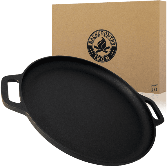 Backcountry Iron 13.5 Inch Cast Iron Pizza Pan with Loop Handles Pre-Seasoned