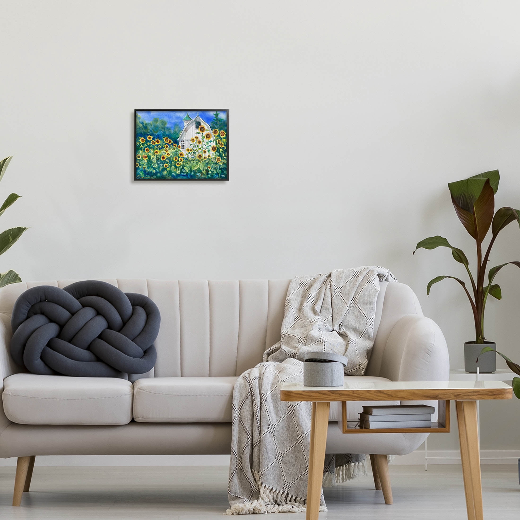 Tall Sunflowers Country Barn Landscape Painting Black Framed Art Print Wall Art