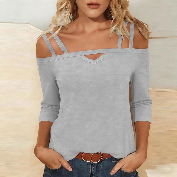 thefmos Women Plus Size Fall Winter Cold Shoulder 3/4 Sleeve Tops Solid Basic Pullover Tee Shirts Dressy Casual Loose Blouses Trendy Vacation Clothes, Gray 2XL