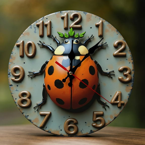 Wall Clock Decorative - Cartoon Ladybug Style Print 2D Vintage Wall Clocks Battery Operated Silent Non-Ticking for Bedroom, Living Room, Kitchen, Office, Classroom, 10 Inch