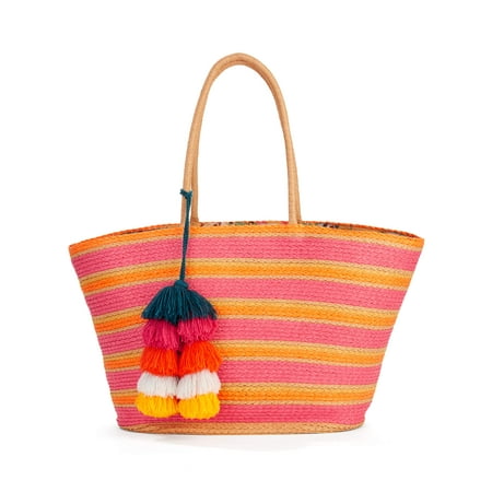 Time & Tru Multi Stripe Large Straw Tote