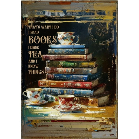 Books And Tea I Know Things Rustic Coffee Bar Sign, Love Books And Tea Wall Art, Decorative Square tin sign for School Classroom Library Bedroom Wall Decor 8x12 Inches