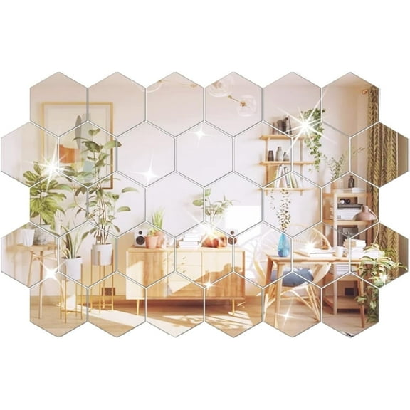 32 Pcs Acrylic Mirror Set,Removable Acrylic Mirror for Living Room and Bedroom Wall Decoration,Silver Hexagon Mirror for Sofa Background Decoration,Acrylic Wall Stickers
