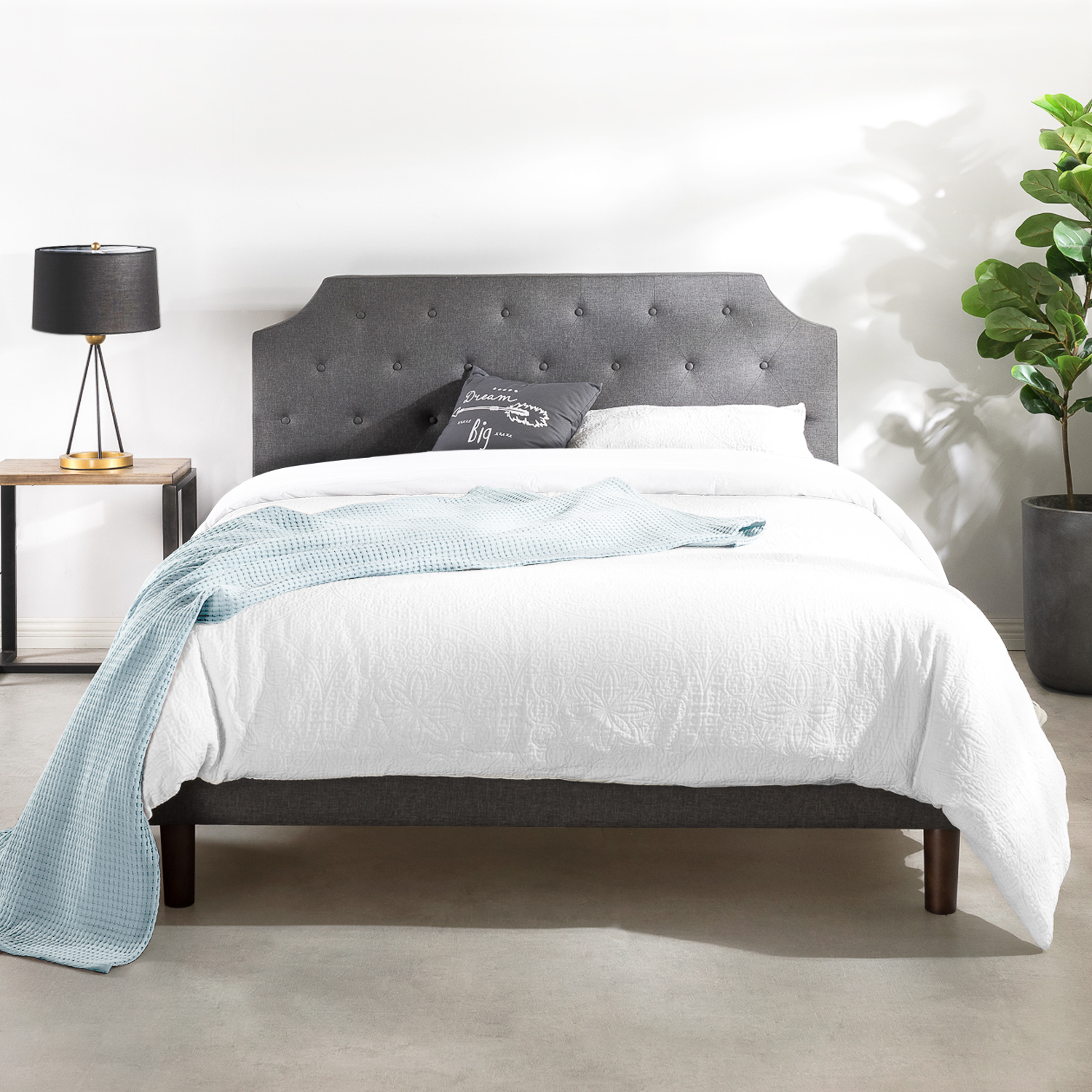 Mellow MAVN Upholstered Platform Bed, Modern Tufted Headboard, Real Wooden Slats and Legs, Dark Grey, Full