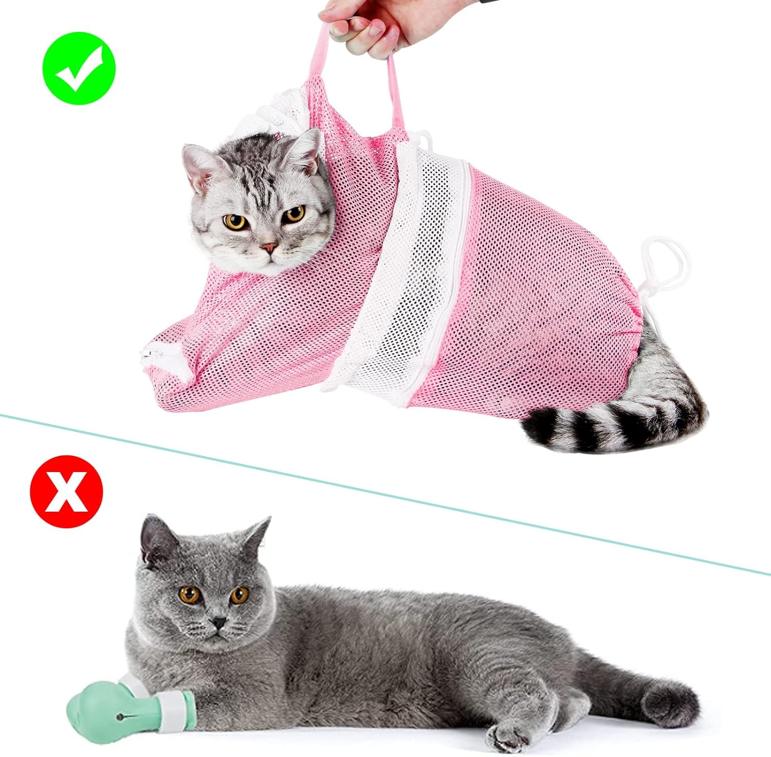 GASTROPOD Cat Bathing Bag Anti-Scratch Grooming Net, Adjustable Pet Restraint Sack with Zipper, Breathable Mesh Wash Bag for Shower, Nail Trimming, Peach