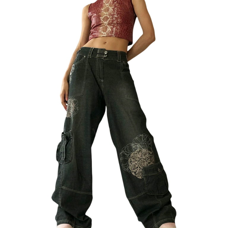 Women's Black Gothic Baggy Cargo Jeans Vintage Emo 2000s Y2k Harajuku Denim  Trouser Korean 90s High Waist Cowboy Pants Clothes