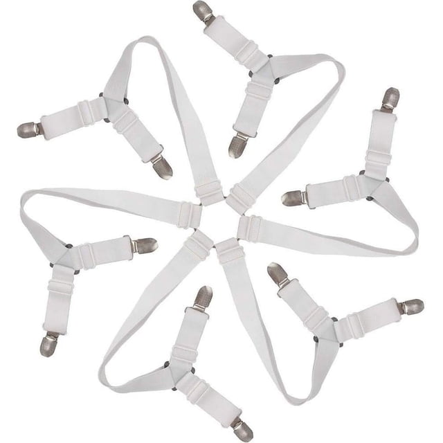 Clips para sábanas de 6 lados, sujetadores de sábanas, correas elásticas ajustables, soporte para sábanas redondas/cuadradas, King/Queen de cualquier tamaño (blanco)
