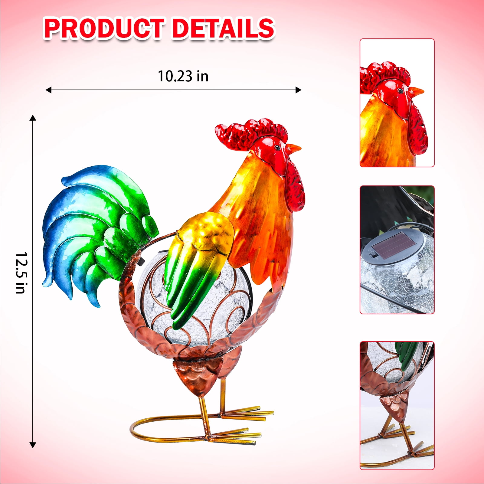 Chicken Statue,Rooster Solar Lights Outdoor Garden Decor, Rooster Solar Light with Crackle Glass Globe Gardening Statue Gifts and Metal Statue ,for Lawn Porch Patio Outside Garden