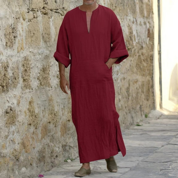 Men Kaftan Thobe Casual Long Sleeve Robe Tunic Button Down Collar Muslim Thobes Thobe