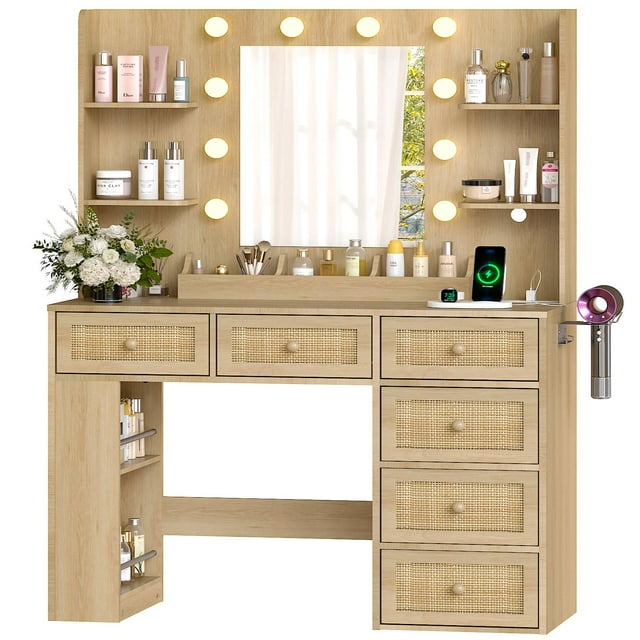 Ktaxon Lighted Makeup Vanity with 6 Drawers, Get Ready with Me Vanity Table Set w/ Charging Station, Side Rack, Wood Color
