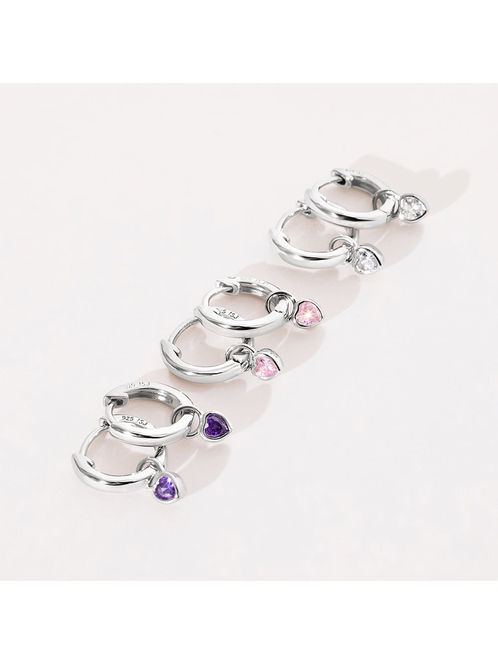 925 Sterling Silver Simulated Pink Tourmaline Heart Charm Girls Hoop Earrings