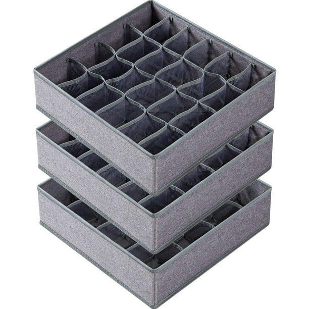 Criusia Paquete de 3 divisores organizadores de ropa interior para calcetines, cajones de tela de 64 celdas, cajas de almacenamiento plegables para guardar calcetines, ropa interior, corbatas (16+24+2