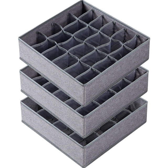 Criusia Paquete de 3 divisores organizadores de ropa interior para calcetines, cajones de tela de 64 celdas, cajas de almacenamiento plegables para guardar calcetines, ropa interior, corbatas (16+24+2