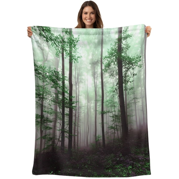 Throw Blanket Green Forest Blankets and Throws, Misty Forest Trees Nature Landscape Blanket for Couch Bed Sofa Chair, Soft Cozy Warm Flannel Fleece Blankets for All Season Home Decor 40x50 Inch