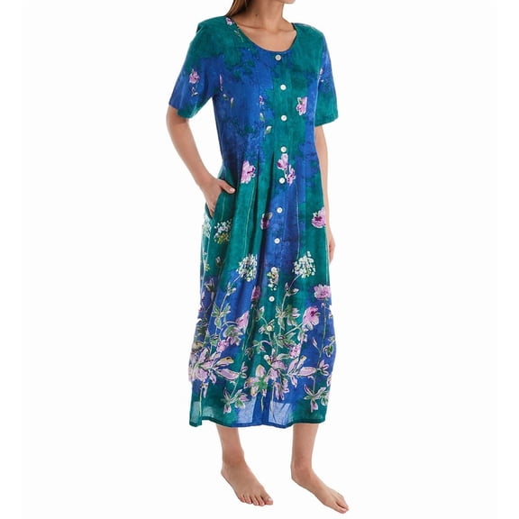 Women's La Cera 2708 Button Front Rayon Long Lounge Dress (Teal/Blue S)