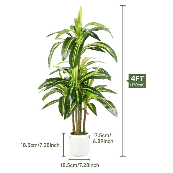 4ft Artificial Dracaena Tree, Fake Tree Indoor with White Tall Planter, Artificial Silk Plants for Home Office Decor