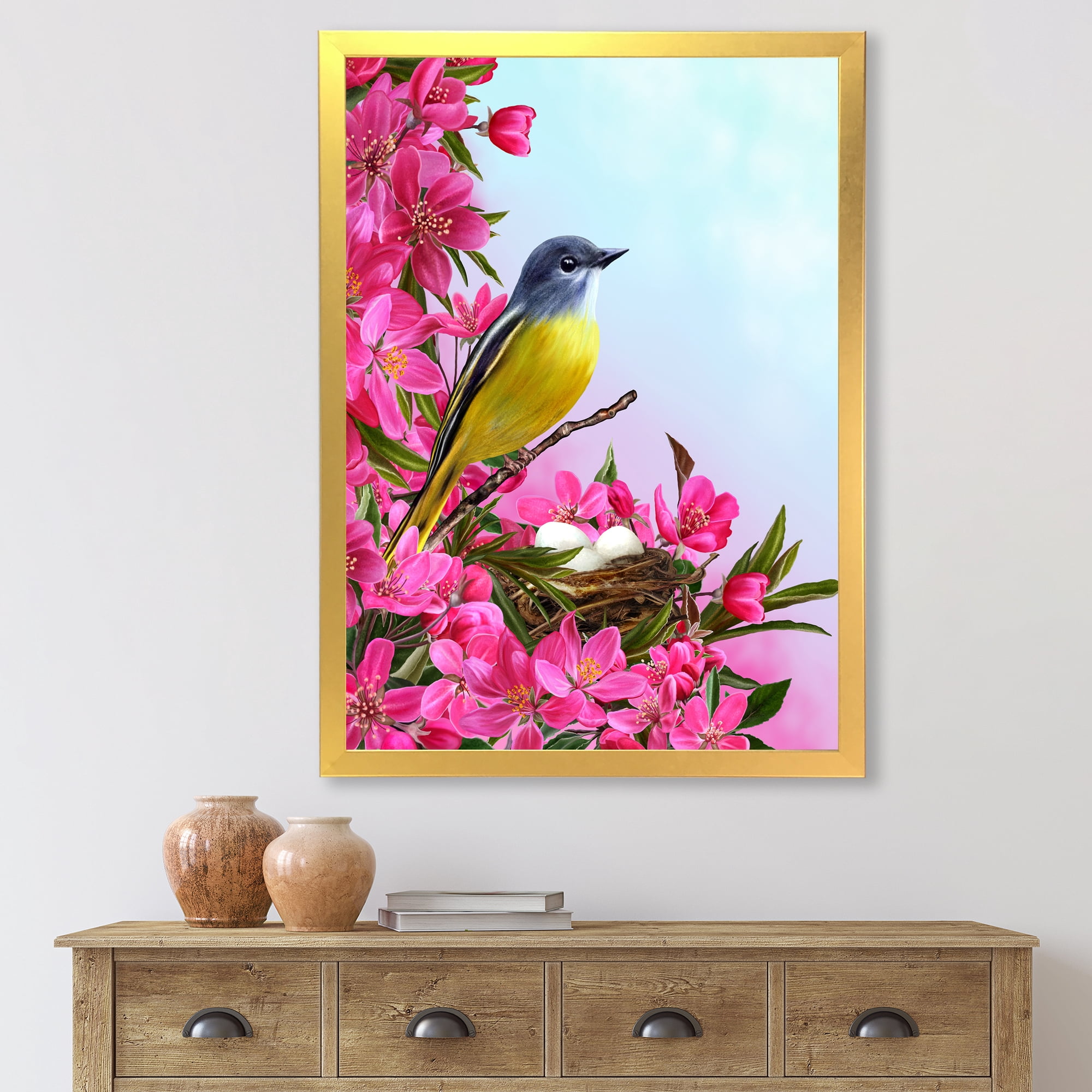 Designart 'Little Yellow Bird Near The Nest with Pink Flowers' Traditional Framed Art Print