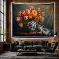 thumbnail image 6 of Floral Bouquet in Porcelain Vase Against Teal Scrollwork, Cozy Vintage for Art Lovers, Traditional Wall Decor, Housewarming Gift, Tapestry Wall Hanging for Living Room and Bedroom, 6 of 7