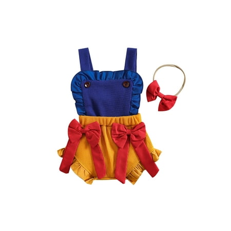 

Amuver Summer Baby Girl Jumpsuit Set Sweet Contrast Color Casual Bow Suspender Rompers and Headband