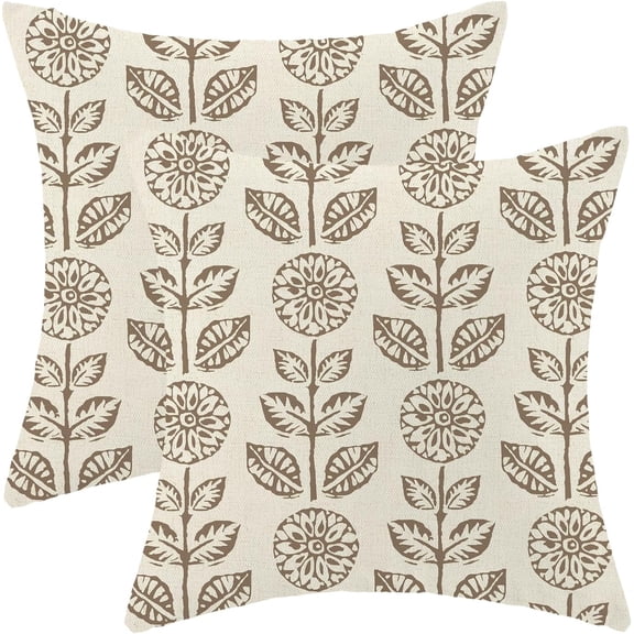 Vintage Floral Pillow Covers 18 x 18 Inch Set of 2 Retro Boho Brown Flower Decor Throw Pillows Rustic Indoor Outdoor Farmhouse Linen Decorative Pillowcases for Couch Bed Sofa